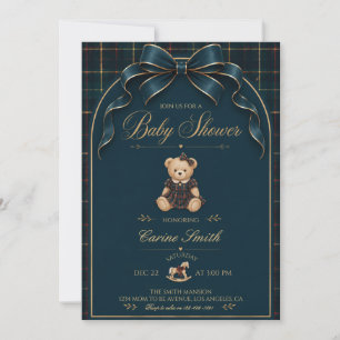Invitation élégante ours en peluche carreaux navy