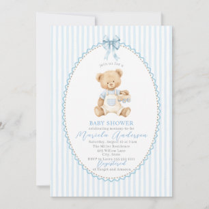 Invitation Élégante Ourson aquarelle nœud bleu Baby Shower