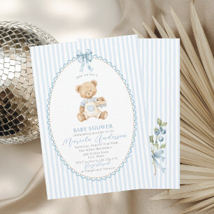 Invitation Élégante Ourson aquarelle nœud bleu Baby Shower