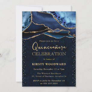 Invitation Elégante Pailletée de Bleu et d'Or Quinceanera Aga