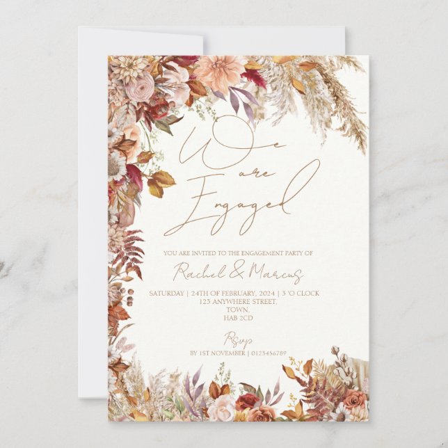 Invitation Élégante Pampas Florale Blanche Partie d'engagemen (Devant)