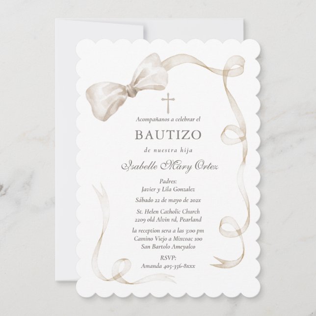 Invitation Elegante Para Bautizo De Niña En Tonos Beige (Devant)