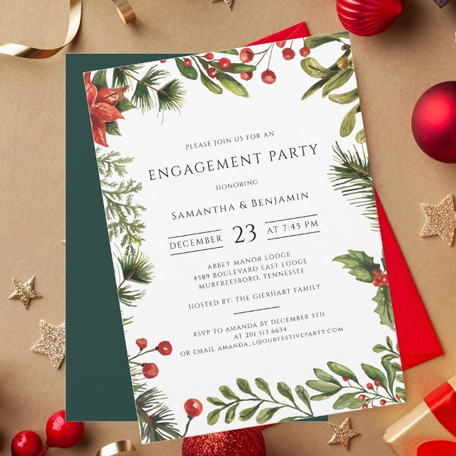Invitation Élégante Partie d'engagement Berries rouges (Botanical Watercolor Red Berries Christmas Party Invitation)