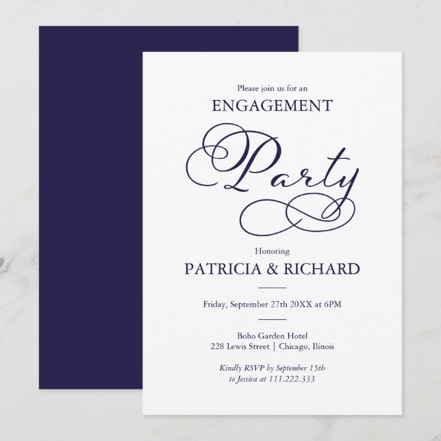 Invitation Élégante Partie d'engagement de la Marine Bleue Sc (Devant / Derrière)