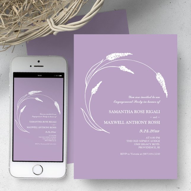 Invitation Élégante partie d'engagement de Lavande moderne (Wedding invitations feature minimalistic lavender line art Victoria Grigaliunas of Do Tell A Belle)