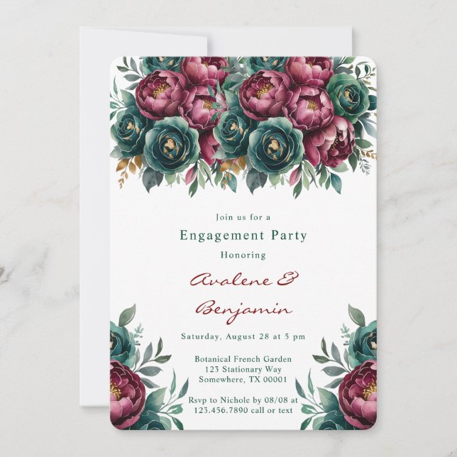 Invitation Élégante partie d'engagement Emerald Peony de Bour (Devant)