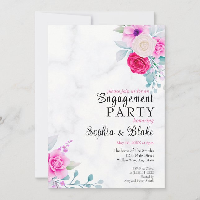 Invitation Élégante Partie d'engagement en marbre rose (Devant)