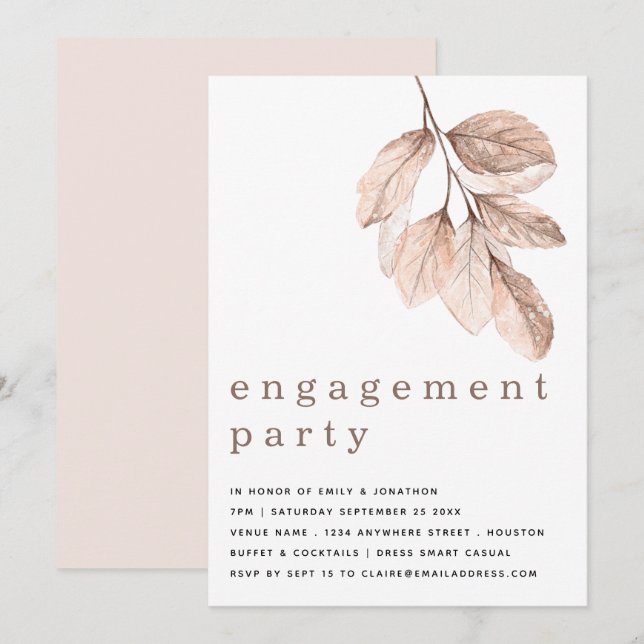Invitation Élégante partie d'engagement Feuille moderne Blush (Devant / Derrière)