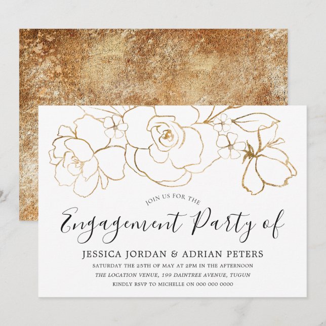 Invitation Élégante partie d'engagement Floral Blanc & Or (Devant / Derrière)