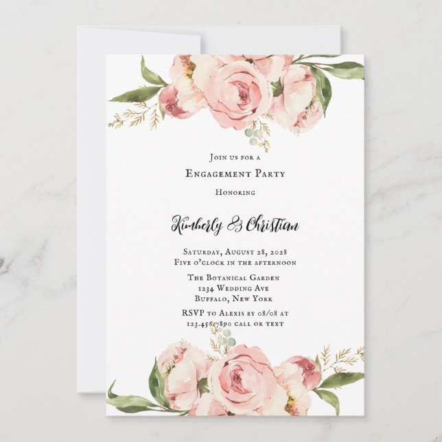 Invitation Élégante partie d'engagement florale Pink Peony (Devant)