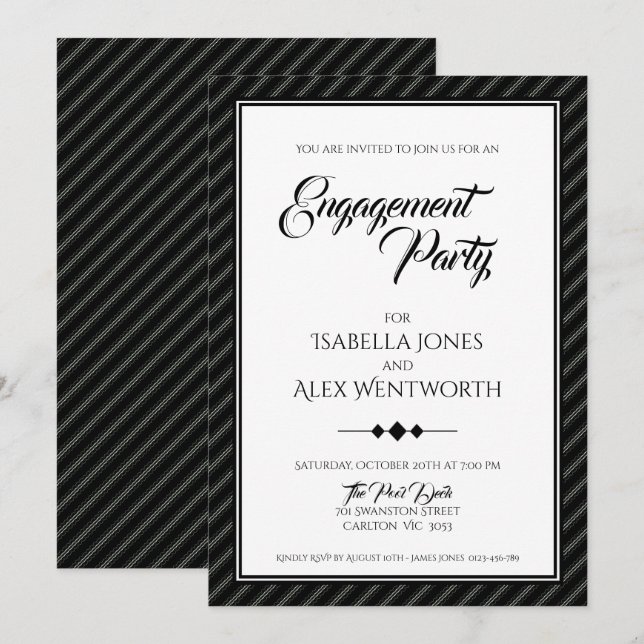 Invitation Élégante partie d'engagement moderne noir et blanc (Devant / Derrière)