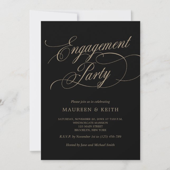 Invitation Élégante partie d'engagement noir et or (Devant)