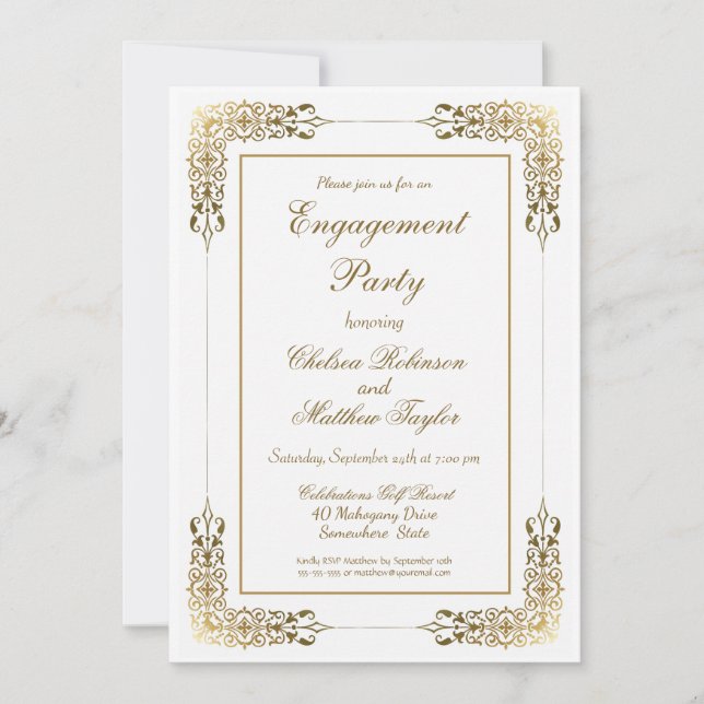 Invitation Élégante partie d'engagement Ornate Gold Lace (Devant)