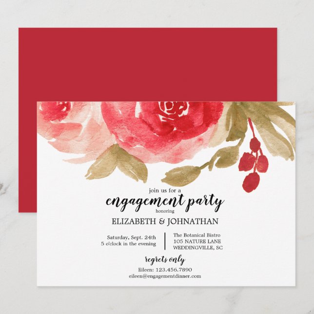 Invitation Élégante Partie d'engagement Rose de couleur rouge (Devant / Derrière)