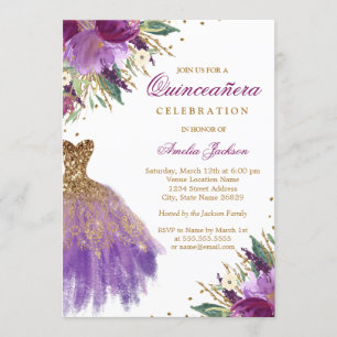 Invitation Elégante Parties scintillant Améthyste robe Quince
