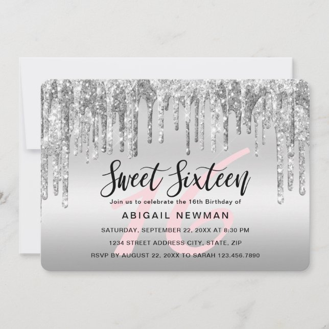 Invitation Élégante parties scintillant argent goutte sweet s (Devant)