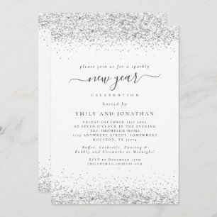Invitation Élégante Parties scintillant Argent Script New Yea