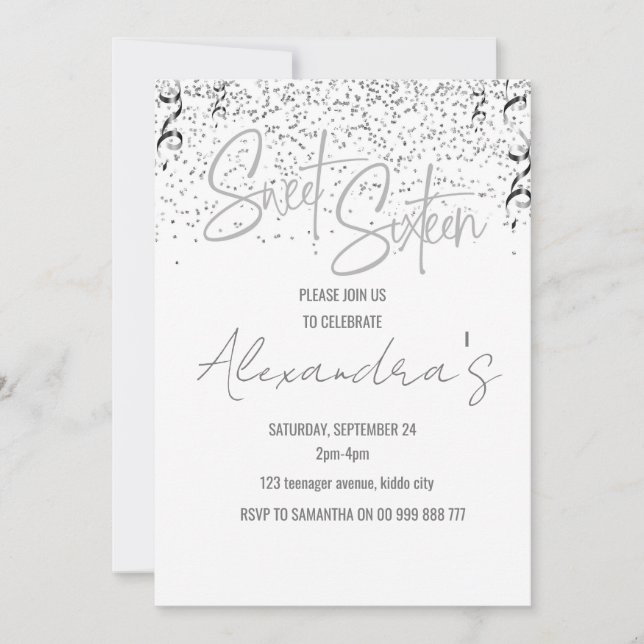 Invitation Elégante Parties scintillant argent Sweet sixteen  (Devant)