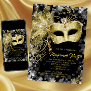 Invitation Elégante Parties scintillant Black Gold Masquerade