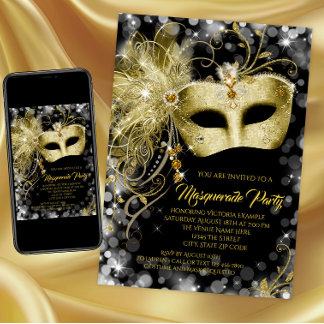 Invitation Elégante Parties scintillant Black Gold Masquerade
