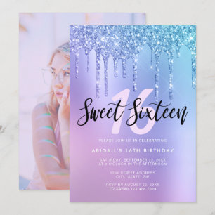 Invitation Elégante parties scintillant bleu & violet goutte
