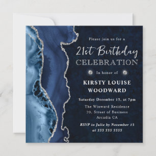 Invitation Elégante Parties scintillant Bleue & Argent Agate 