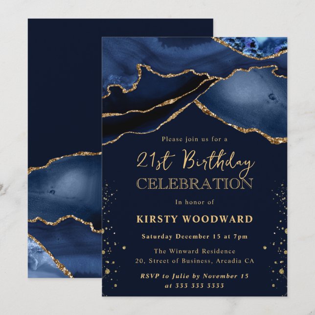 Invitation Elégante Parties scintillant Bleue et Or Agate 21e (Devant / Derrière)