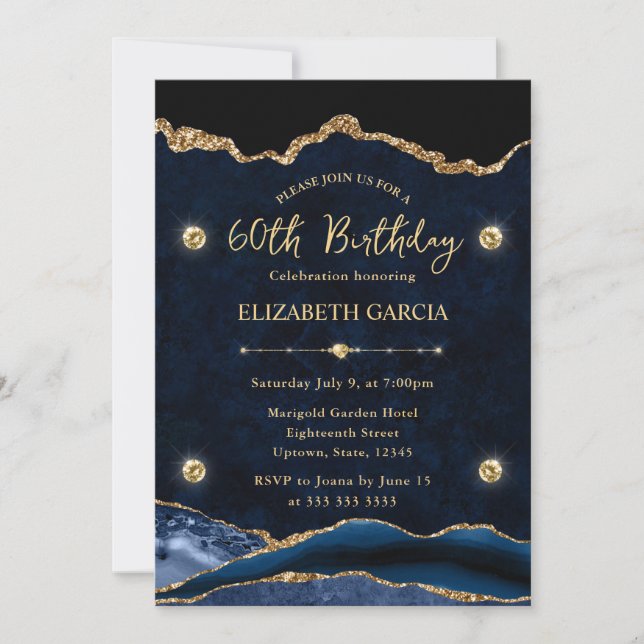 Invitation Elégante Parties scintillant Bleue et Or Agate 60e (Devant)