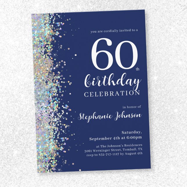 Invitation Elégante Parties scintillant Bleue Marine 60e anni (Elegant Navy Blue Glitter 60th Birthday Invitation)