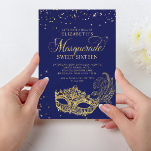 Invitation Elégante Parties scintillant bleue or Masquerade S