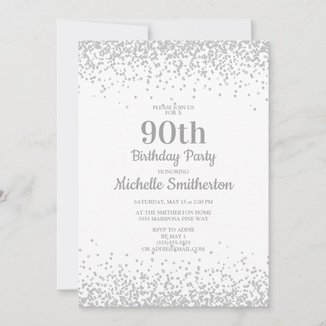 Invitation Elégante Parties scintillant d'argent blanc 90e an (Devant)