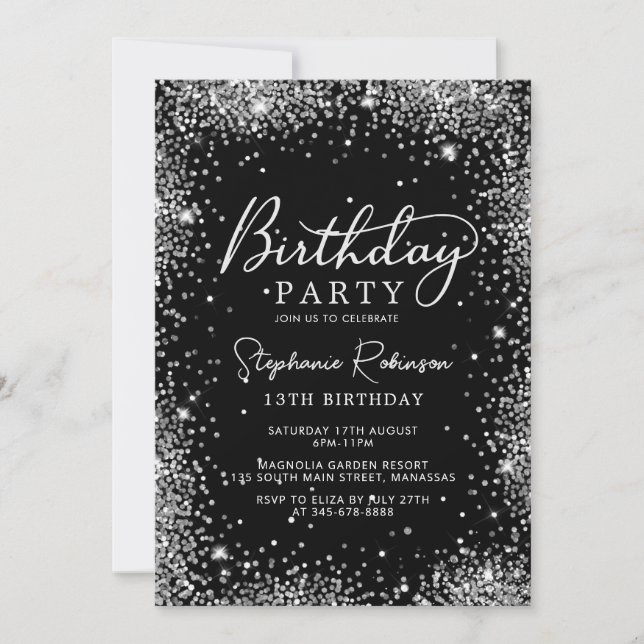 Invitation Elégante Parties scintillant d'argent et noir 13èm (Devant)