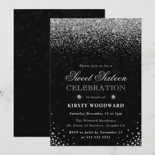 Invitation Elégante Parties scintillant d'argent et Sweet six (Devant / Derrière)