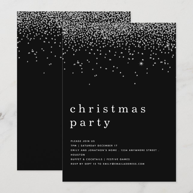 Invitation Elégante Parties scintillant d'argent Noir fête de (Devant / Derrière)