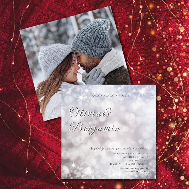 Invitation Elégante Parties scintillant d'argent Photo Mariag (Elegant Silver Glitter Photo Classic Wedding Invitation)