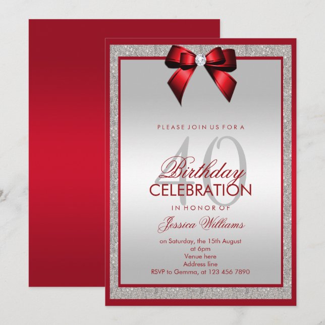 Invitation Elégante Parties scintillant d'argent rouge rubis  (Devant / Derrière)