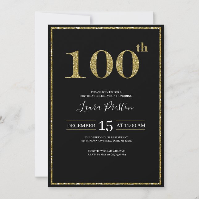 Invitation Elégante Parties scintillant d'or 100e anniversair (Devant)