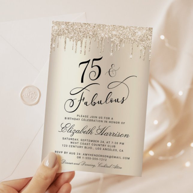 Invitation Elégante Parties scintillant d'or 75e fête d'anniv (Celebrate her 75 years of sparkle with an elegant gold glitter birthday party invitation  🎉 🎂 🥂)