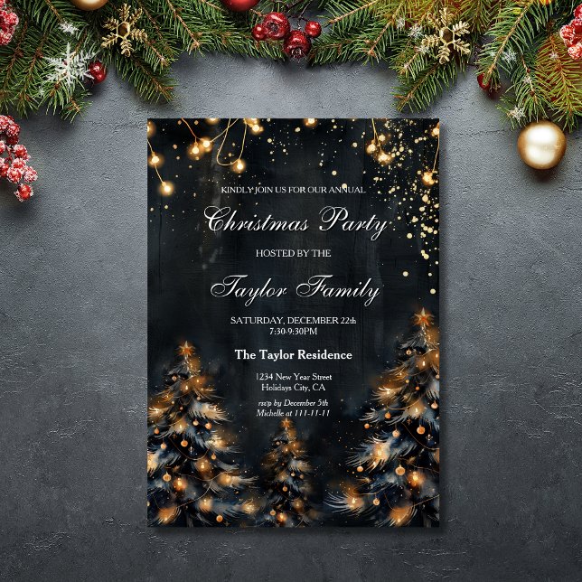 Invitation Elégante Parties scintillant d'or d'hiver Noël Tre (black christmas tree with gold glitter lights)
