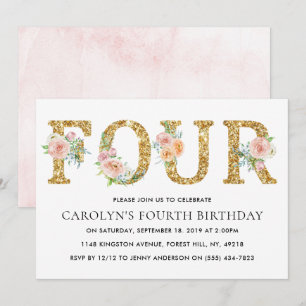 Invitation Elégante Parties scintillant d'or floral QUATRE 4e