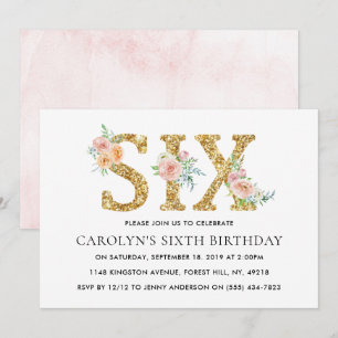 Invitation Elégante Parties scintillant d'or floral SIX 6e an