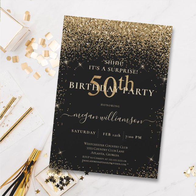 Invitation Elégante Parties scintillant d'or noir 50ème anniv (Créateur téléchargé)