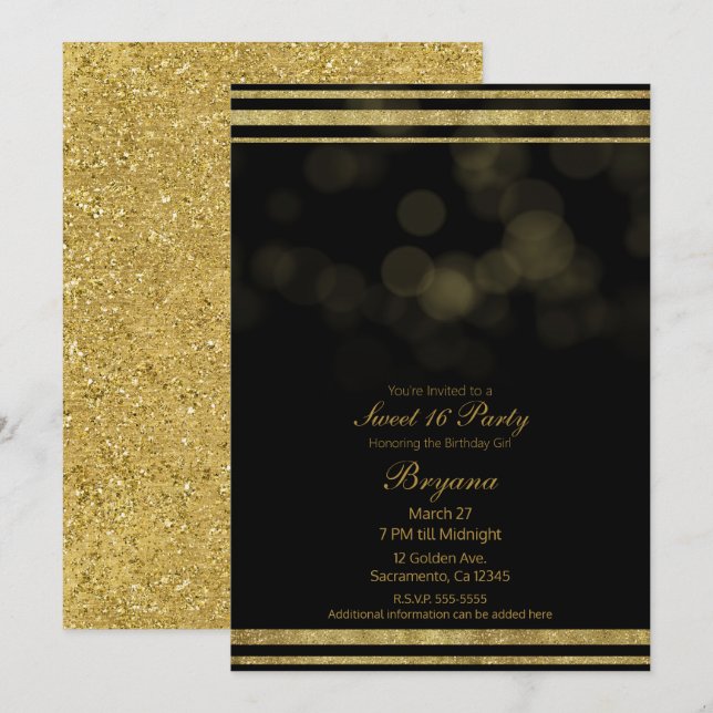 Invitation Élégante Parties scintillant d'or noir étincelante (Devant / Derrière)