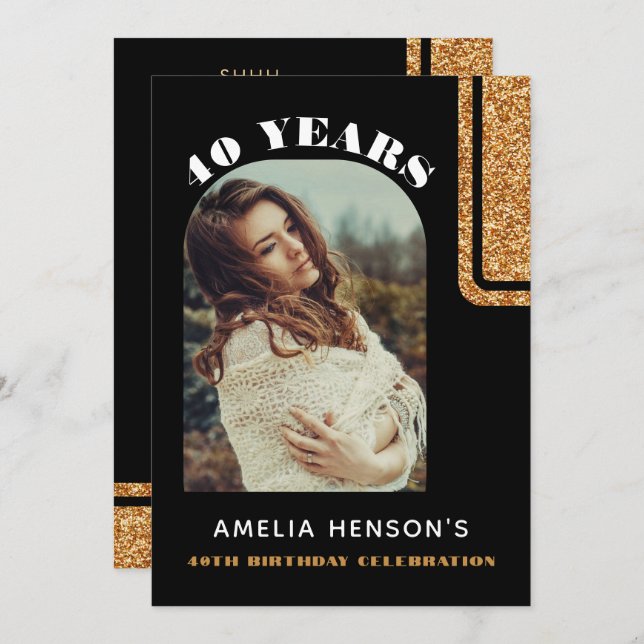 Invitation Elégante Parties scintillant d'or noir Photo 40e a (Devant / Derrière)