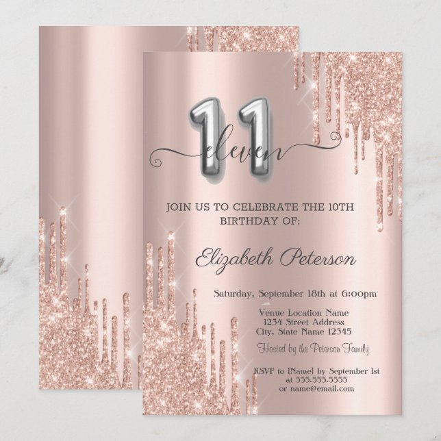 Invitation Elégante Parties scintillant Drips Rose Gold 11e a (Devant / Derrière)
