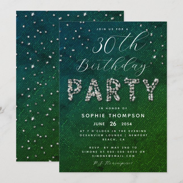 Invitation Élégante Parties scintillant Émeraude fête d'anniv (Devant / Derrière)