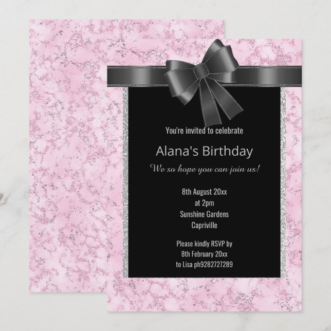 INVITATION ÉLÉGANTE PARTIES SCINTILLANT EN MARBRE ARGENT ROSE (Devant / Derrière)