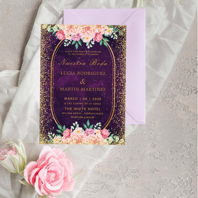Invitation Elégante Parties scintillant Floral Or Purple Nues (Créateur téléchargé)