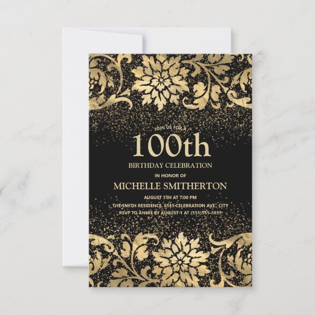 Invitation Elégante Parties scintillant Florale d'or noir 100 (Devant)