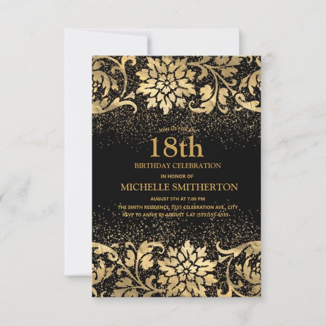 Invitation Elégante Parties scintillant Florale d'or noir 18e (Devant)